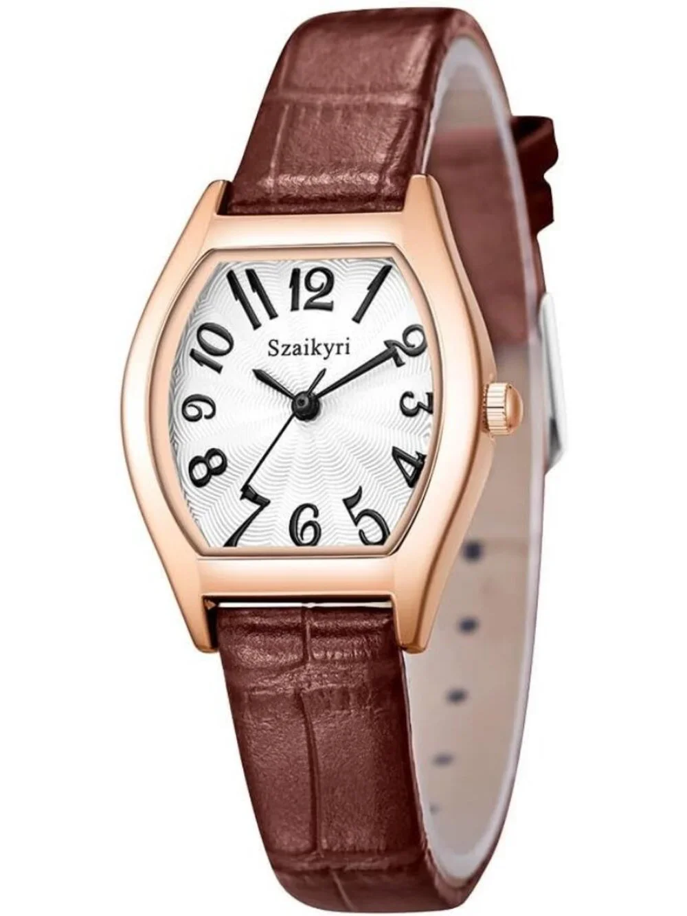 Women's Brown-Rose Gold Barrel-Shaped Easy Read Arabic Numerals Dress Watch